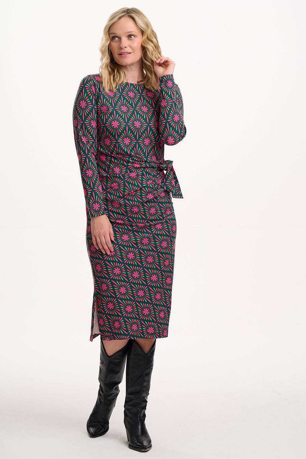 Claudia Jersey Tie Midi Dress, Green/Multi, Flower Explosion image 0