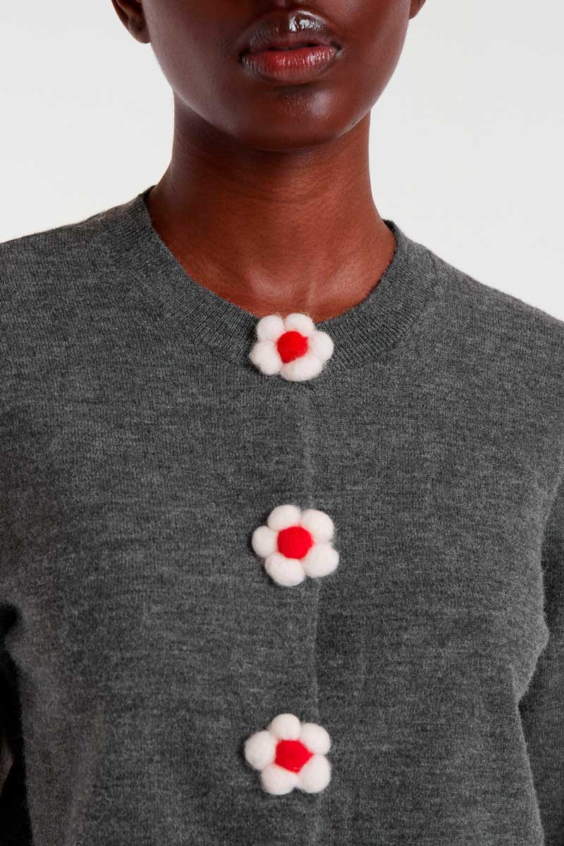 Maura Floral Detail Fine Knit Cardigan, Soft Grey image 1