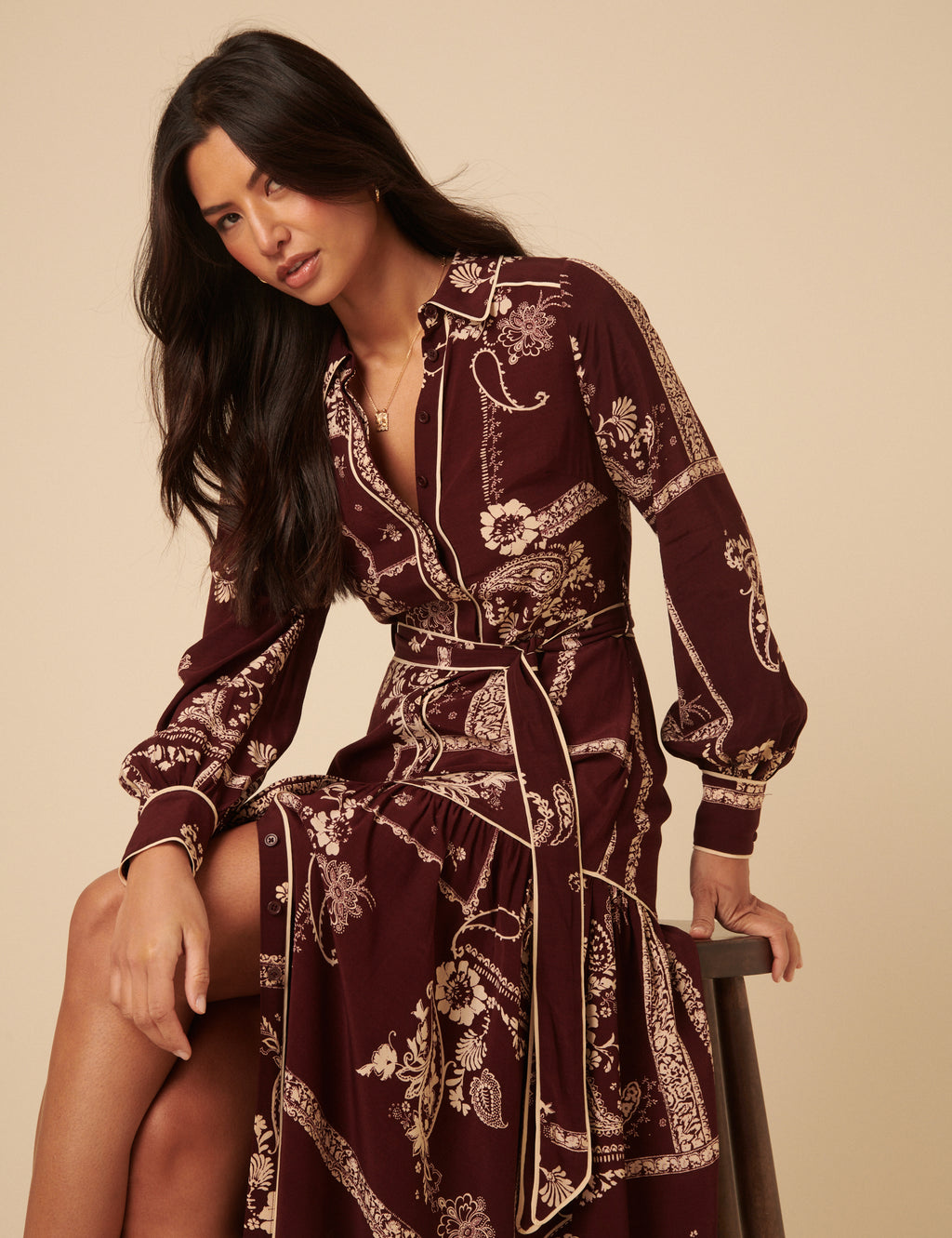 Brooklyn Midi Shirt Dress, Burgundy Print image 3