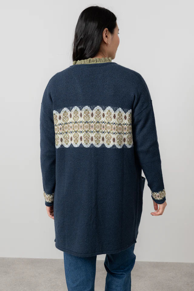 Fair Isle Longline Cardigan, Navy image 3