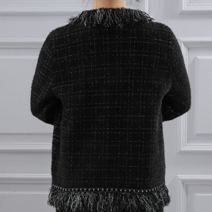 Classic Tweed Fringed Cardigan, Black image 6