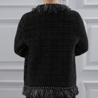 Classic Tweed Fringed Cardigan, Black image 6