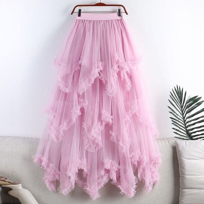 Layered Tulle Skirt with Ruffled Cascades, Pink image 0