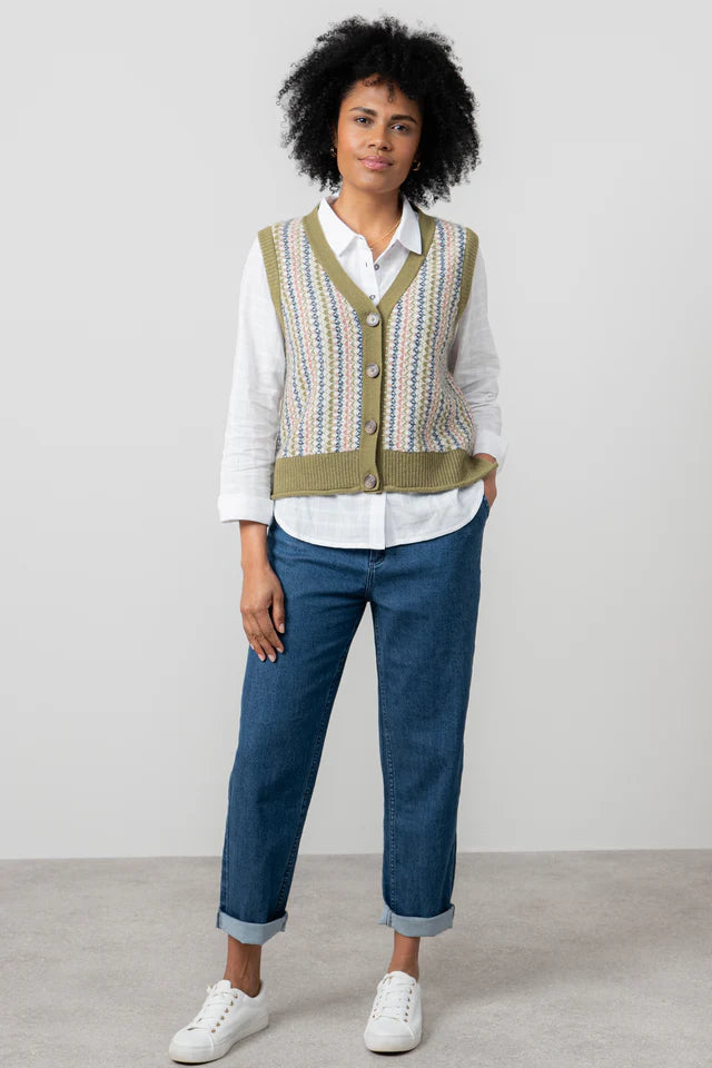 Gwyneth Fair Isle Sleeveless Cardigan, Moss image 4