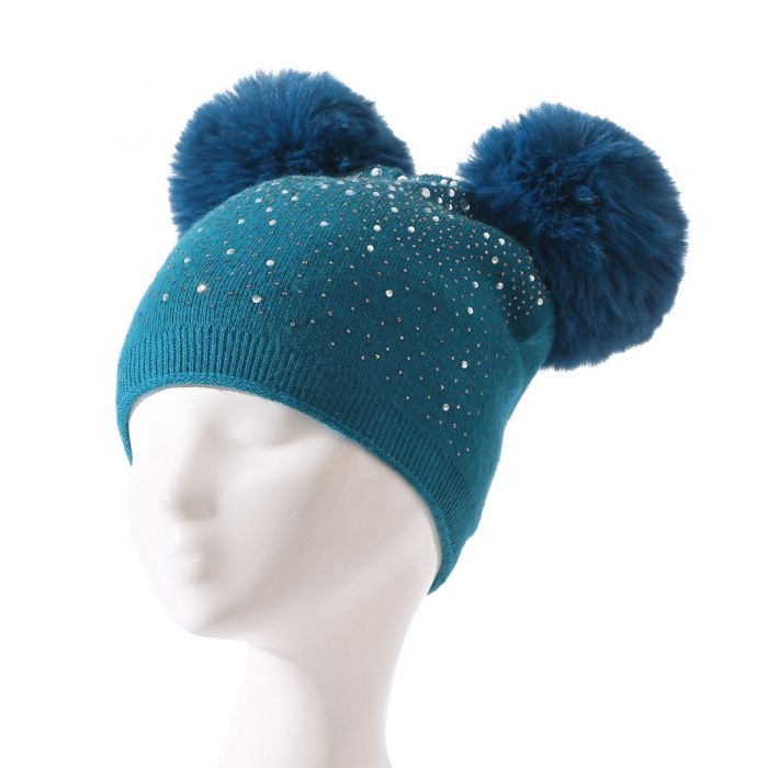 Sequin Double Pompom Hat, Peacock Blue image 1