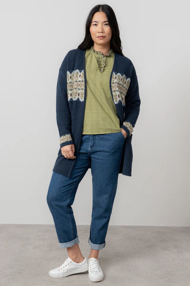 Fair Isle Longline Cardigan, Navy image 1