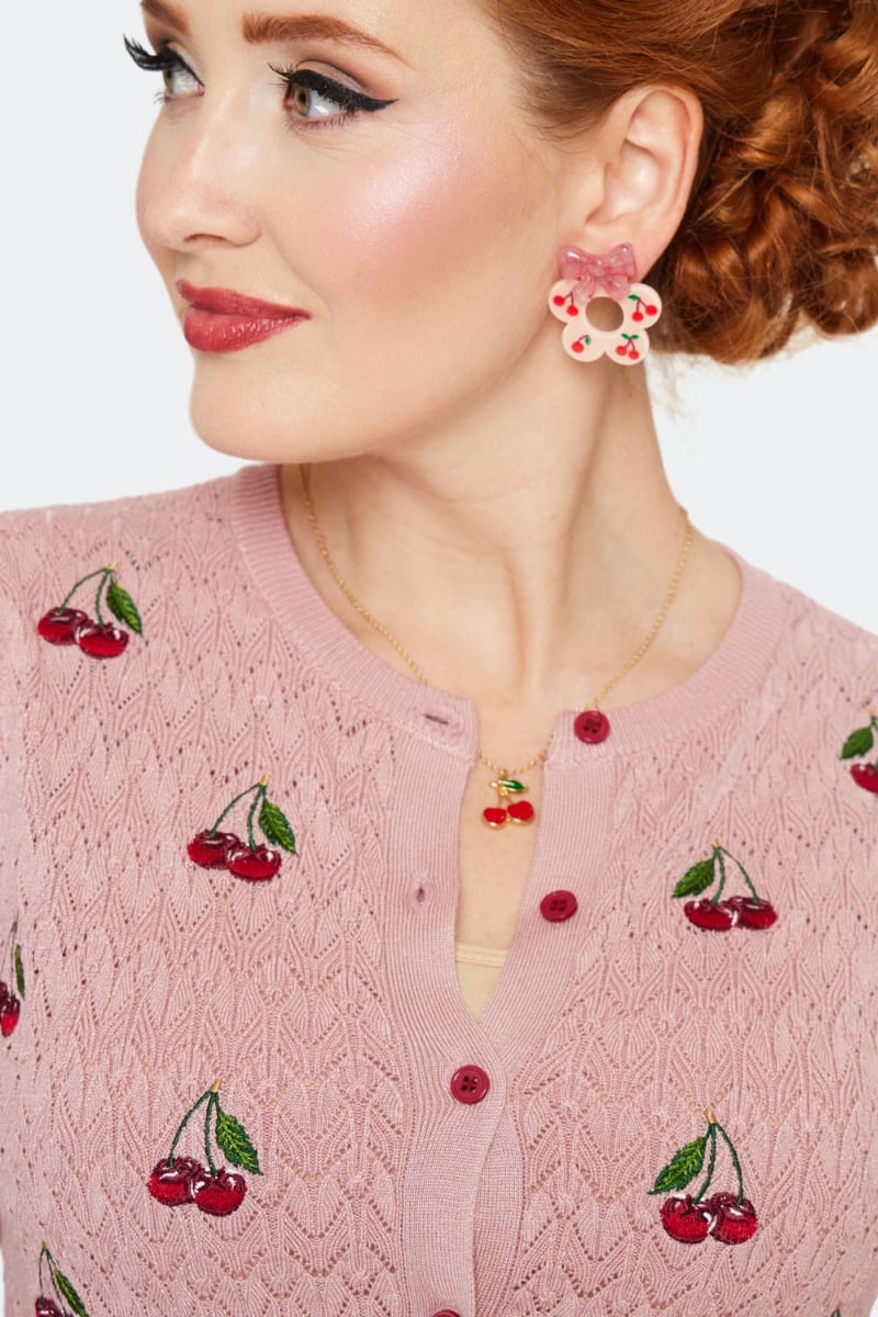 Cherry Embroidered Bell Sleeve Cardigan, Pink image 4