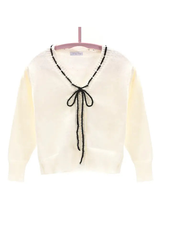 Stitch Detail Bow Tie Cardigan, White & Black image 1