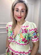 Larysa V-Neck Full-Skirt Tea Dress with Puff Sleeves, Garden Party