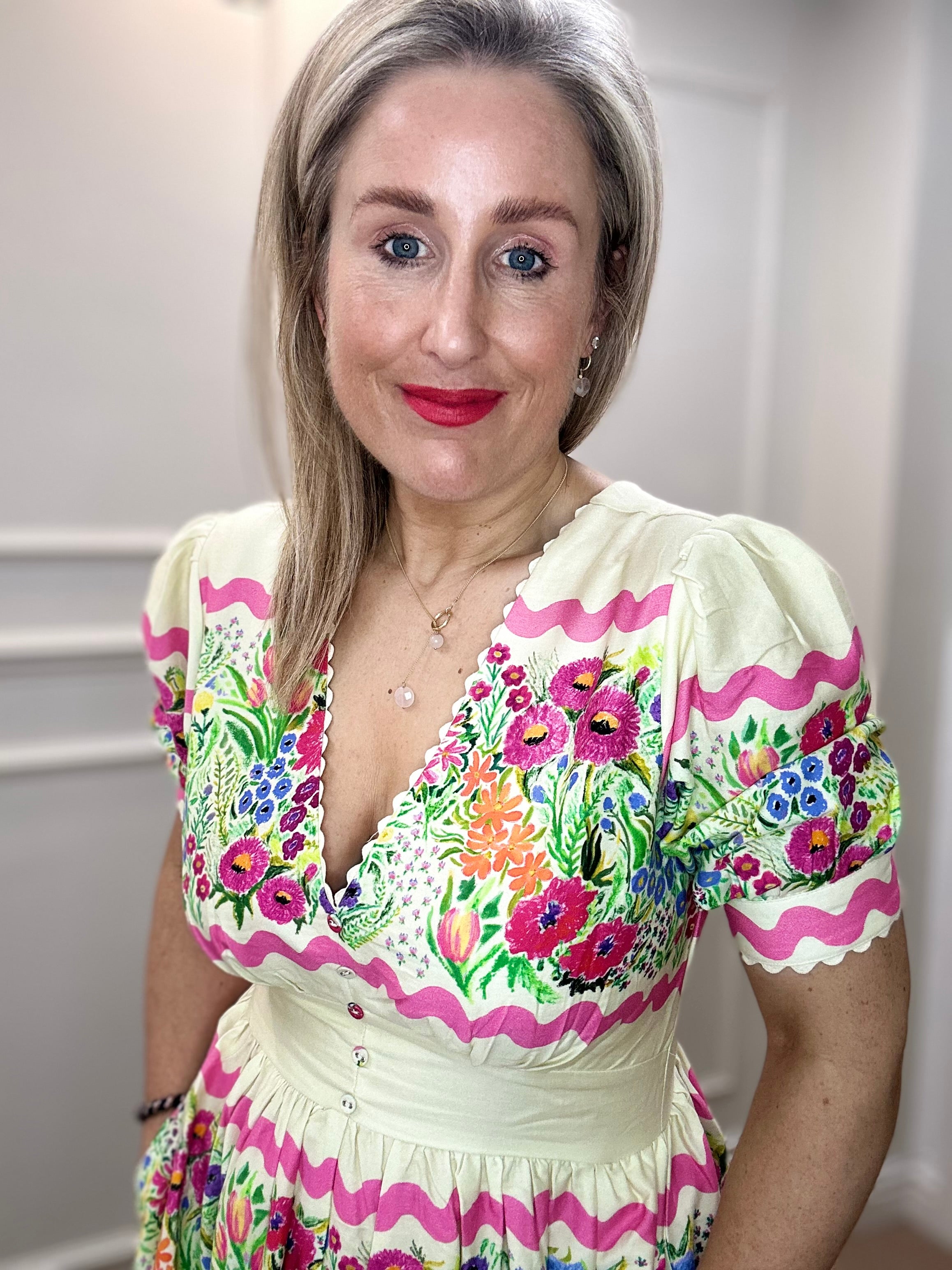 Larysa V-Neck Full-Skirt Tea Dress with Puff Sleeves, Garden Party