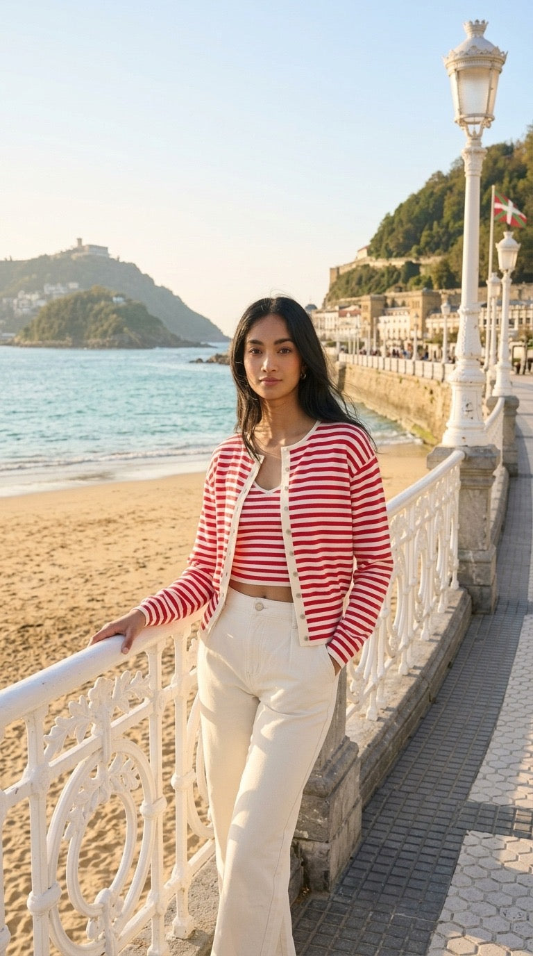 Leanne Waisted Crew Neck Cardigan, Red Stripes
