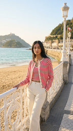 Leanne Waisted Crew Neck Cardigan, Red Stripes