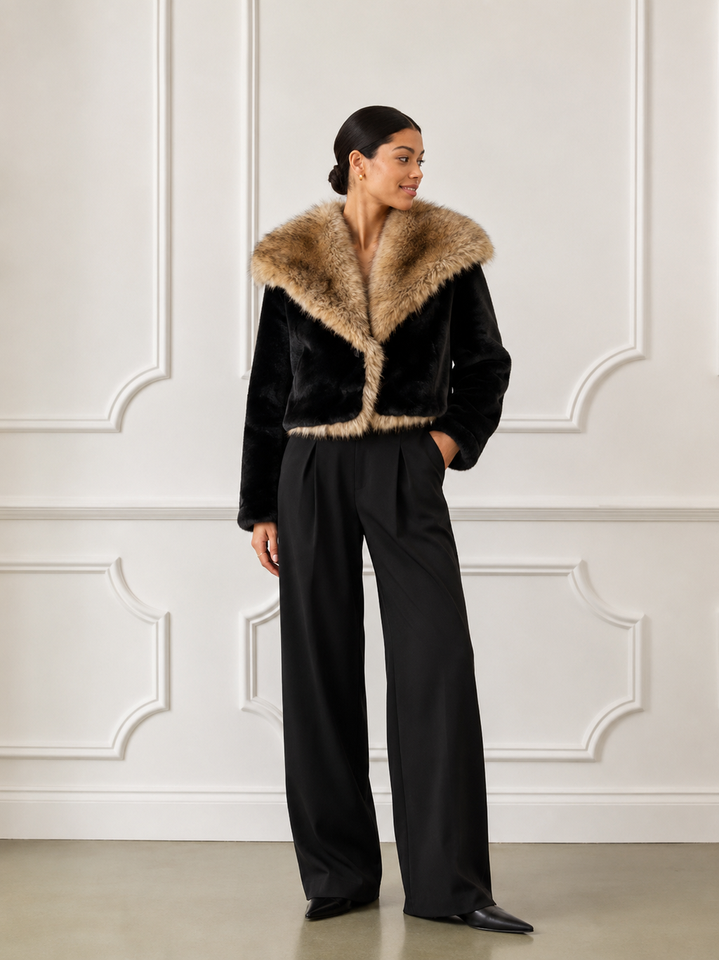 Margo Large Collar Faux Fur Jacket, Black