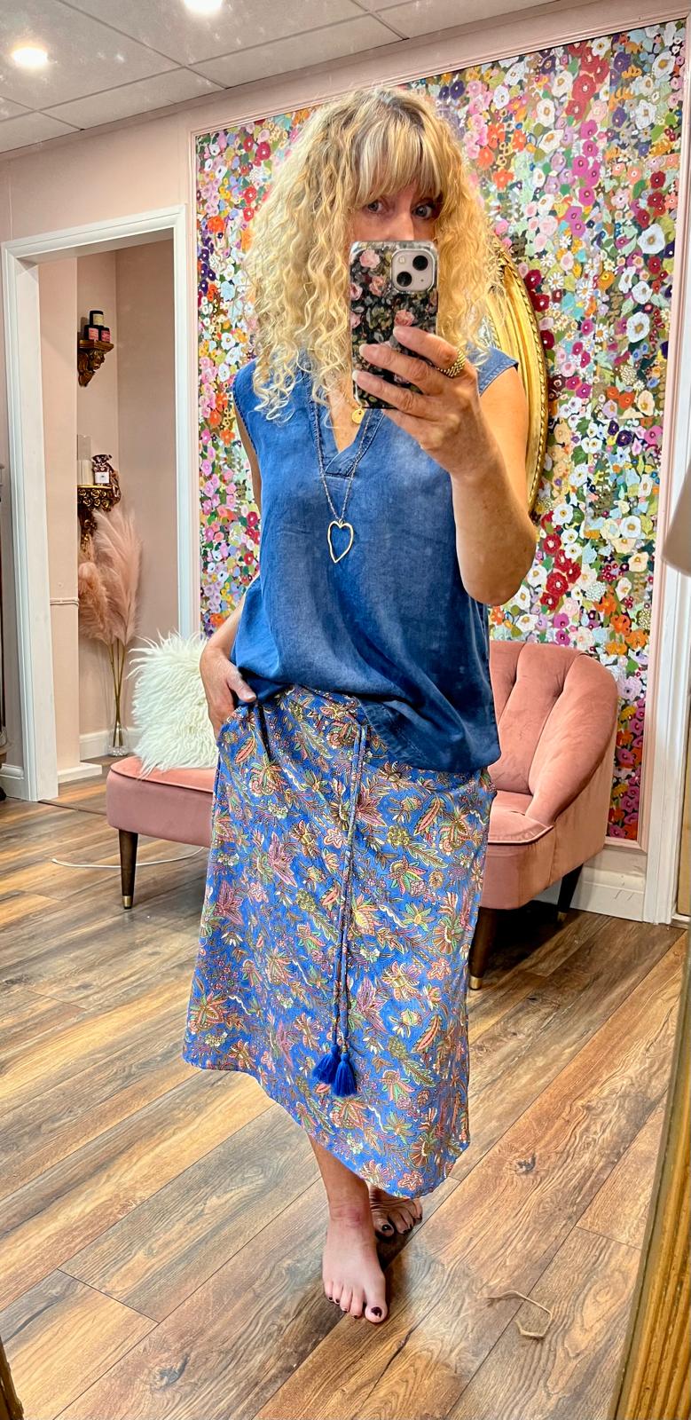 Kosmo Sleeveless Embroidered Shirt, Mid Blue Denim