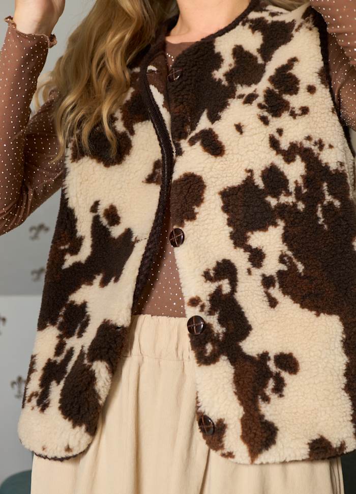 Nora Cow Print Vest, Brown/Cream