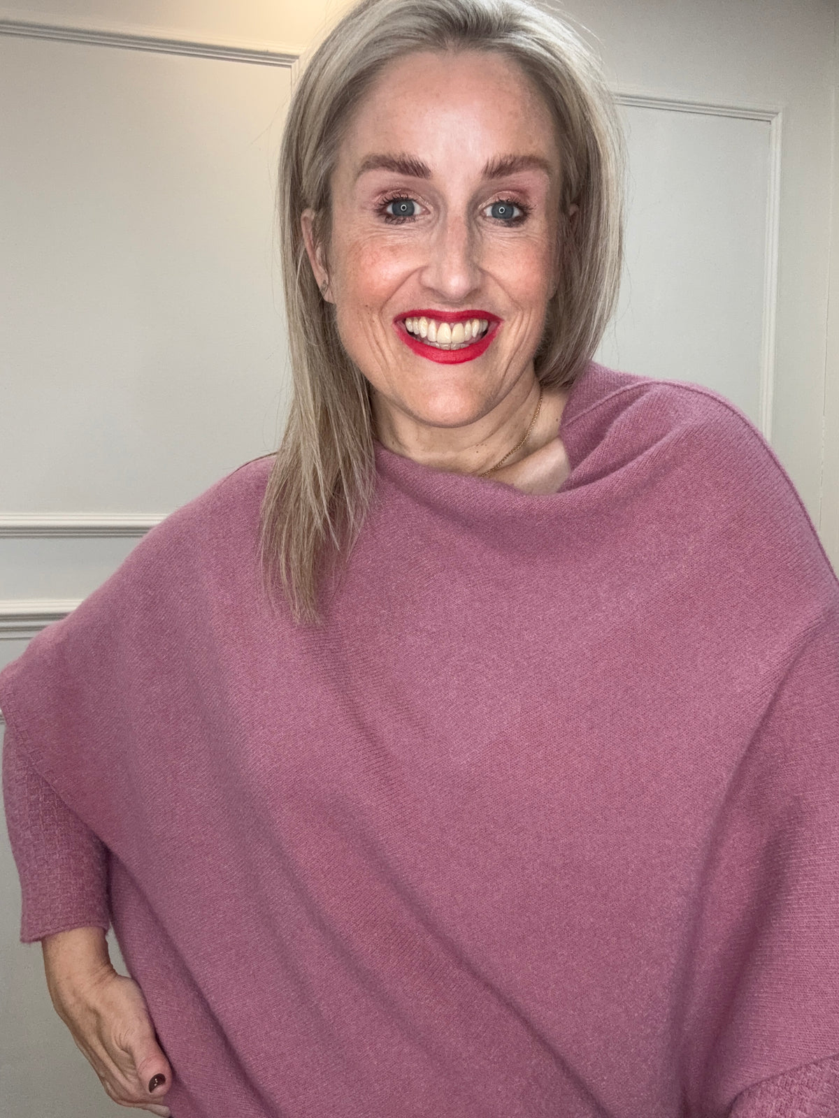 Asymmetric Knit in Cherry Yogurt, close-up of the neckline and soft knit