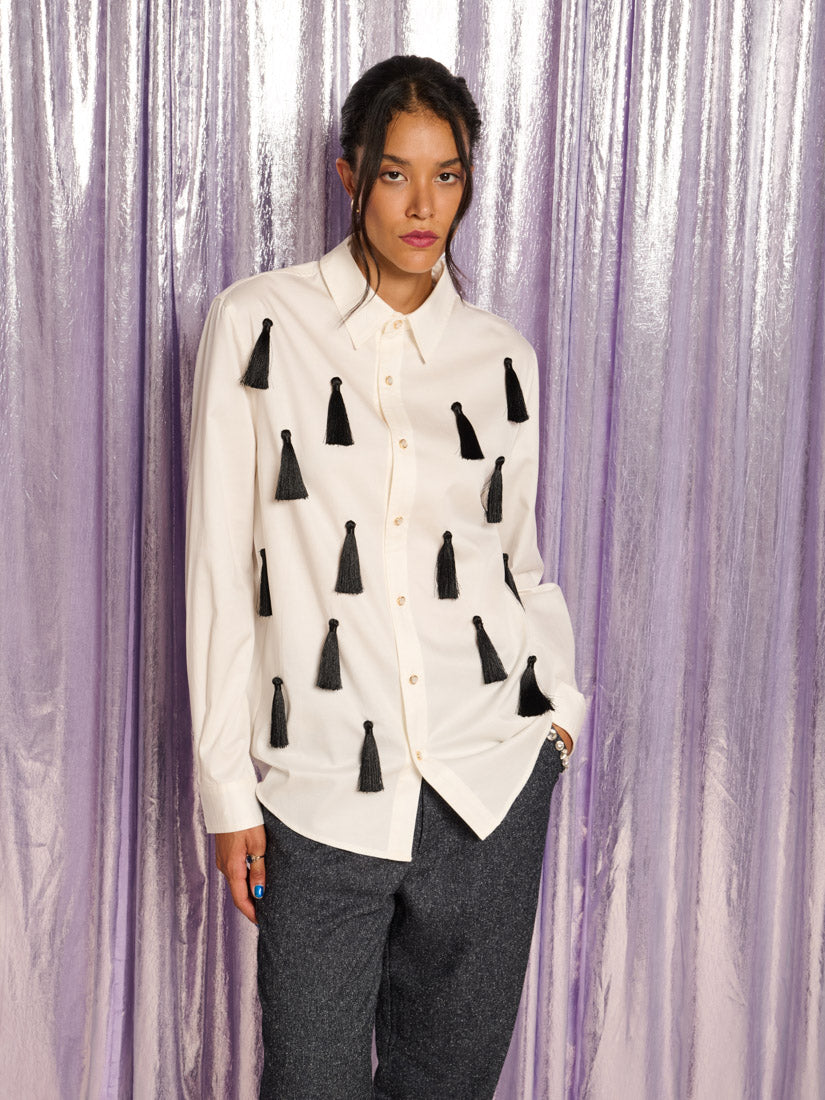 Fallon Tassel Shirt, Pearl Ivory
