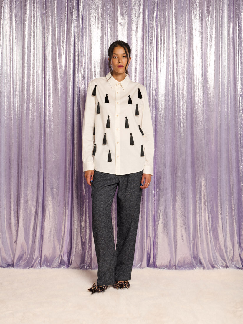 Fallon Tassel Shirt, Pearl Ivory