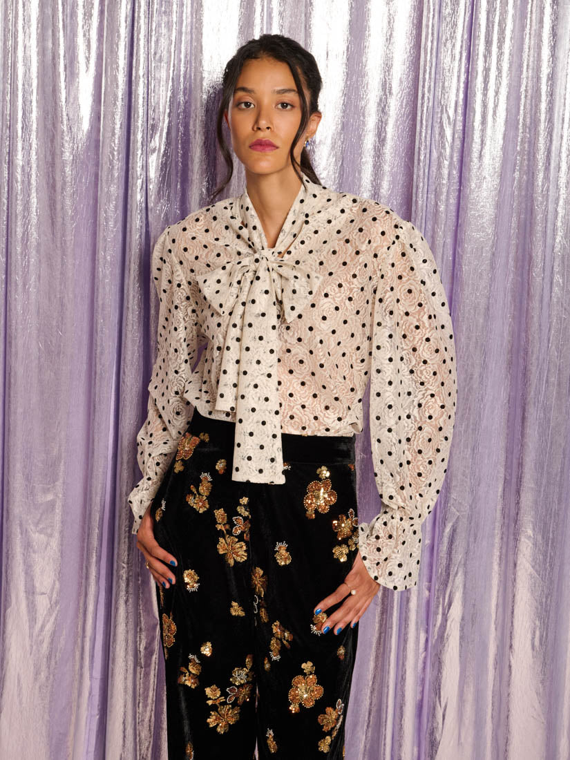 Carrington Lace Bow Shirt, Pearl Ivory