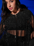 Bella Black Hand Beaded Throw On Fringed Cape