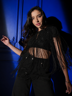 Bella Black Hand Beaded Throw On Fringed Cape