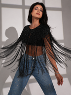 Bella Black Hand Beaded Throw On Fringed Cape