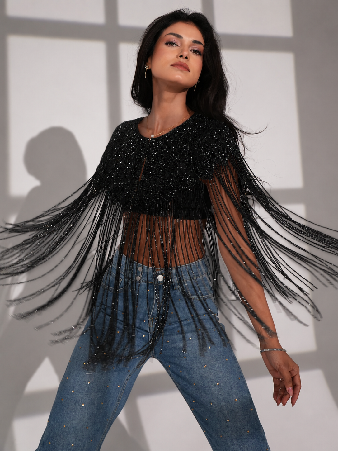 Bella Black Hand Beaded Throw On Fringed Cape