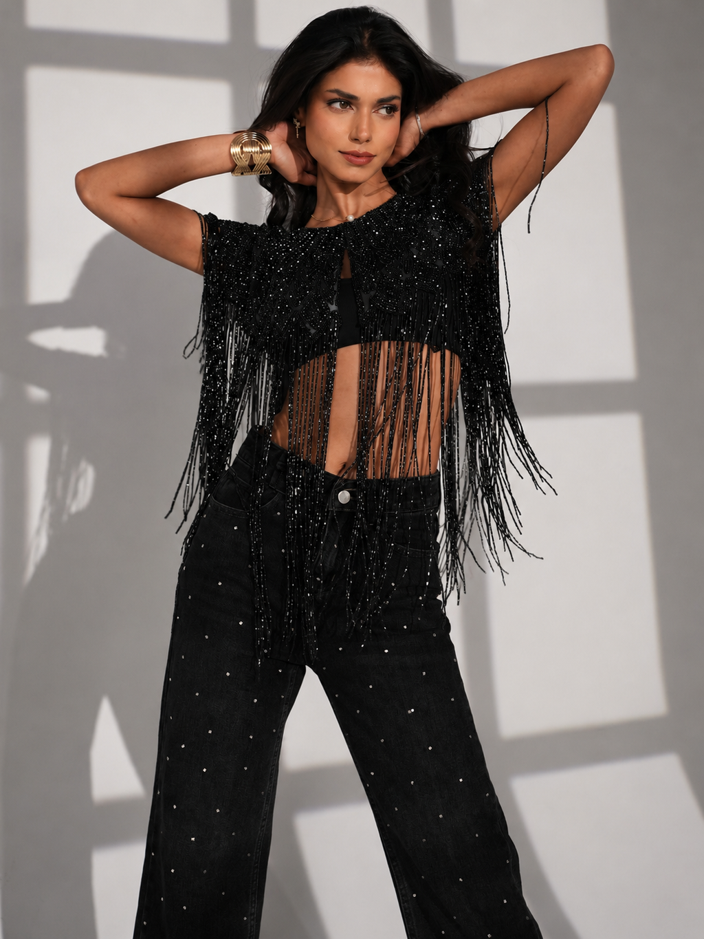Bella Black Hand Beaded Throw On Fringed Cape