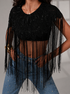 Bella Black Hand Beaded Throw On Fringed Cape