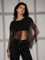 Bella Black Hand Beaded Throw On Fringed Cape