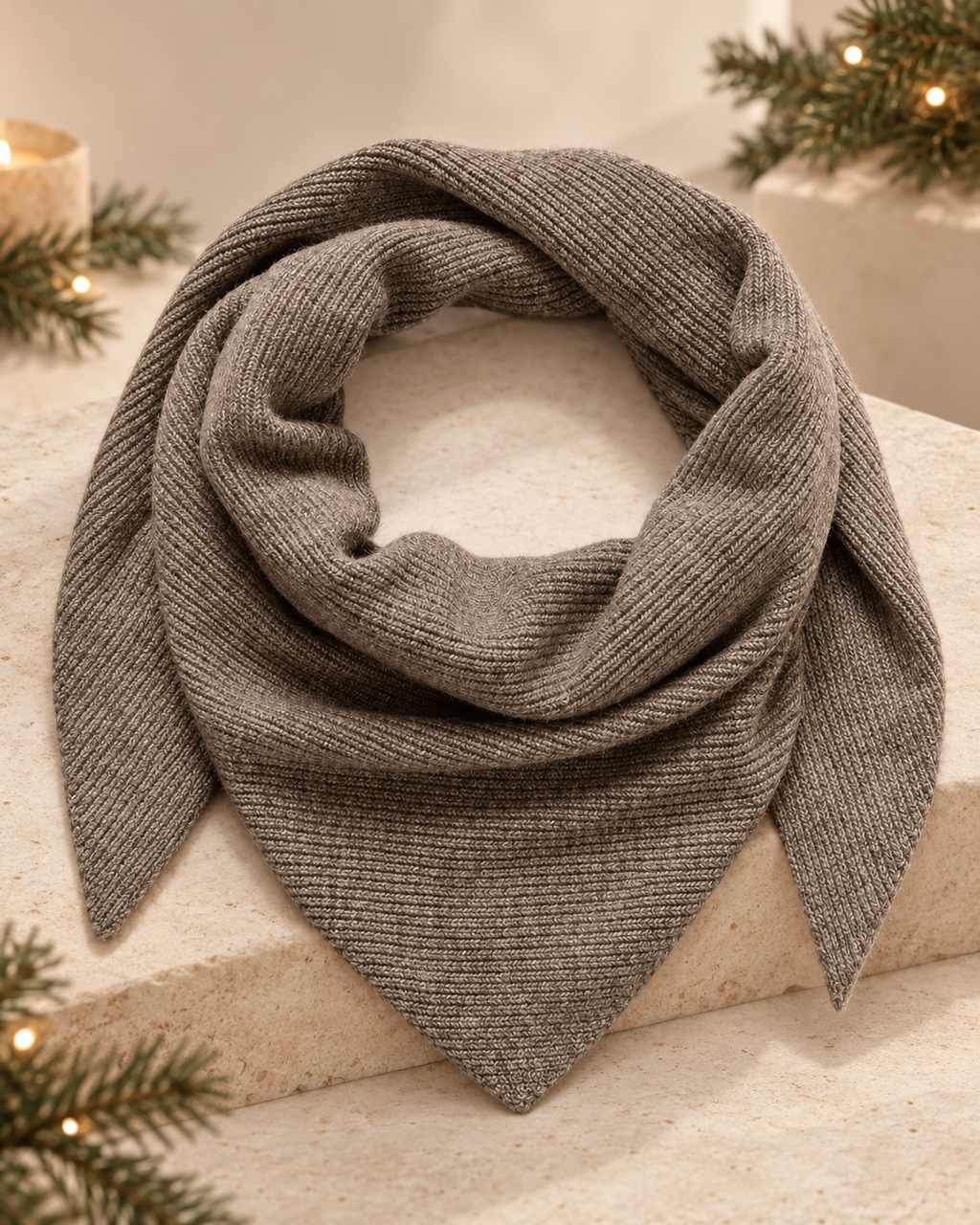 Iron Melange Alullu scarf arranged in a loop on a cream surface, showing ribbed knit and pointed ends.