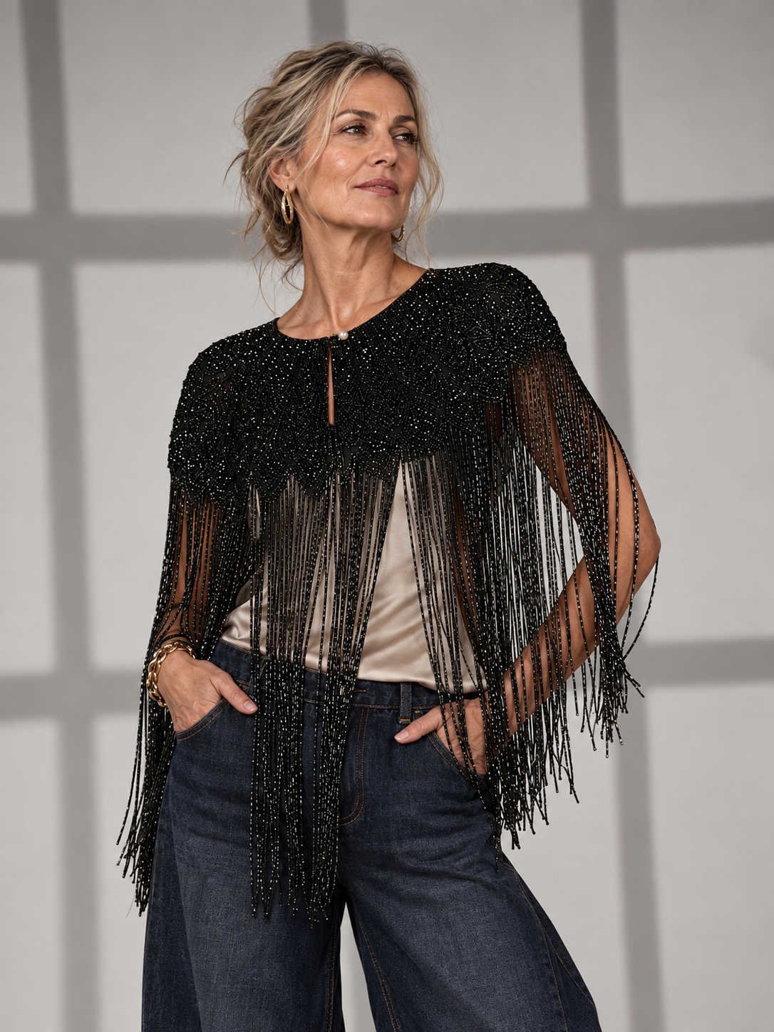 Bella Black Hand Beaded Throw On Fringed Cape