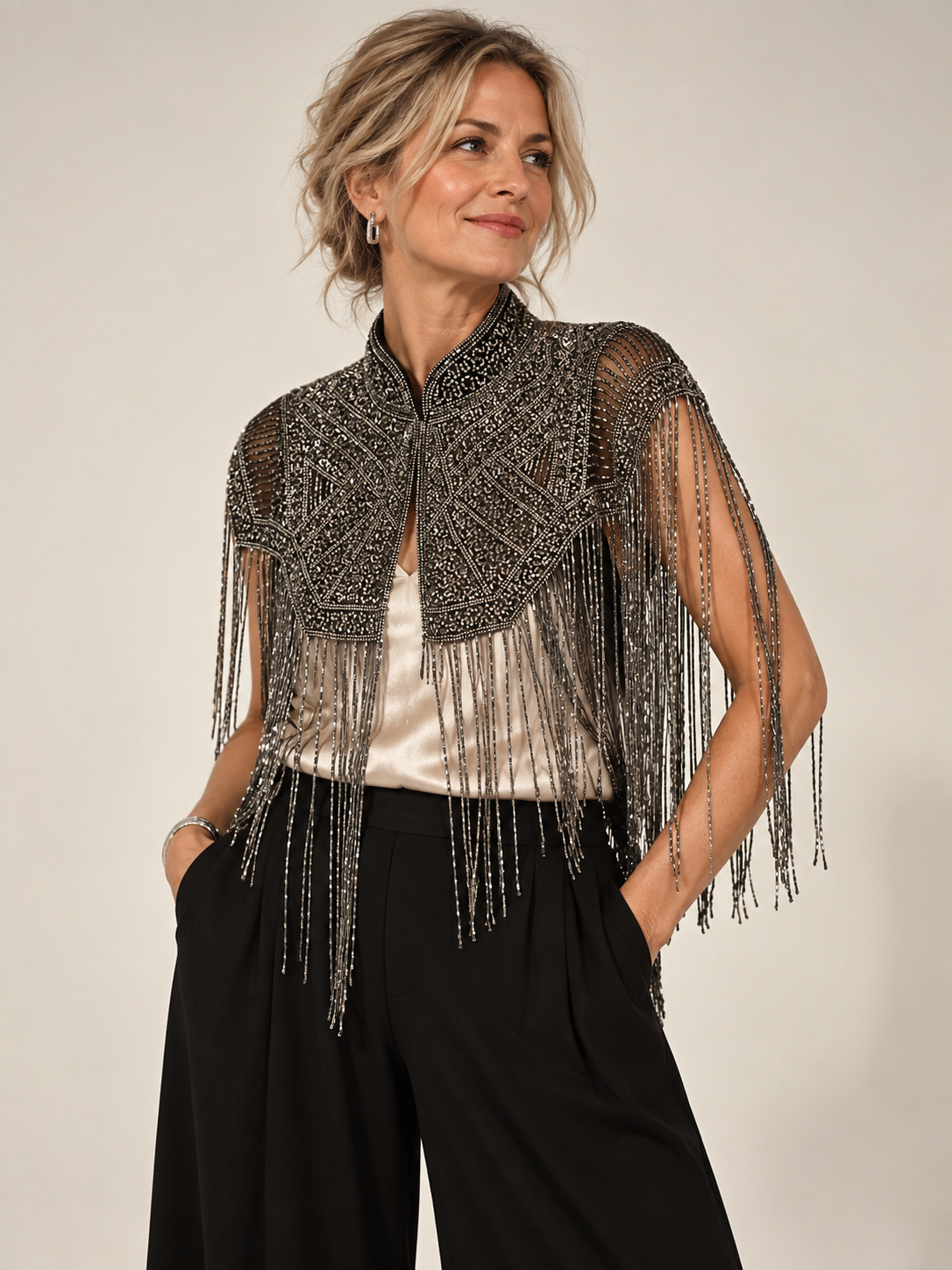 Bonnie Hand Embellished Black Silver Fringe Cape