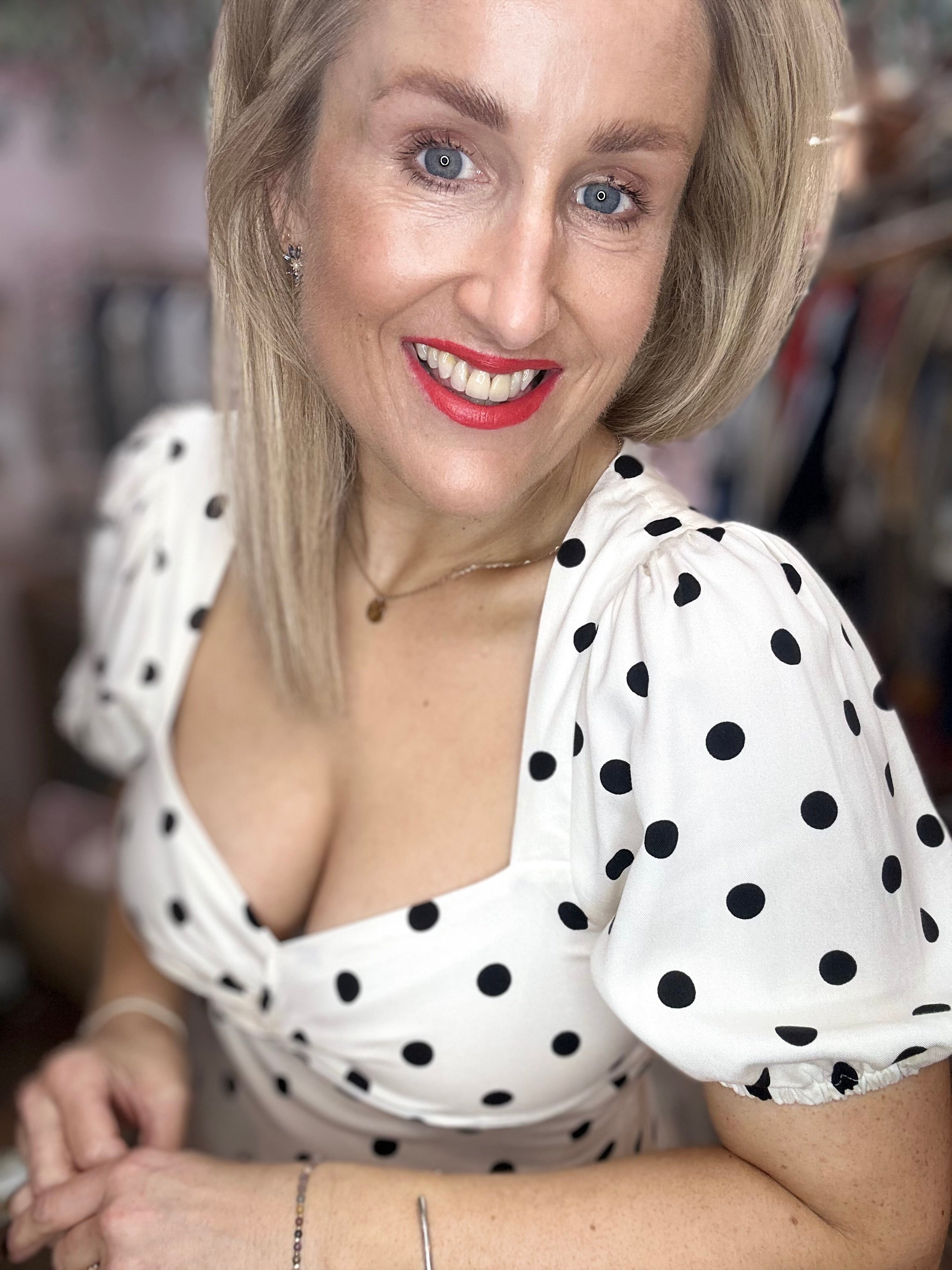 Tyla Midi Dress, White with Polka Dots