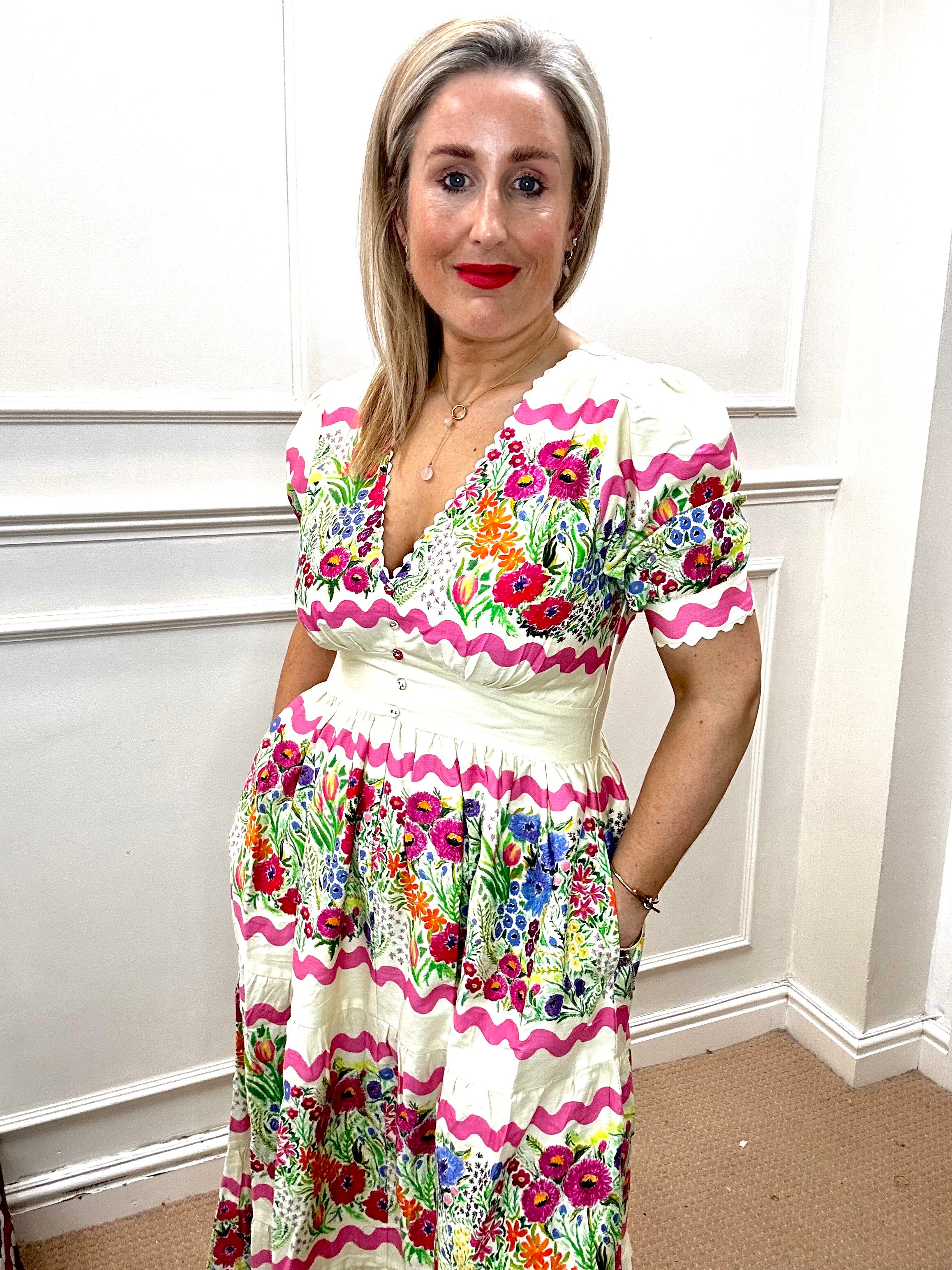 Larysa V-Neck Full-Skirt Tea Dress with Puff Sleeves, Garden Party