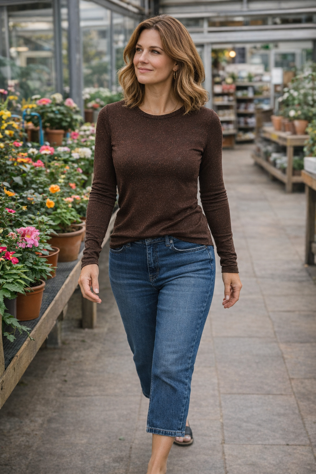 Faye Lurex Long-Sleeved Top, Chocolate