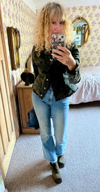 Brunsborough Frayed Edge Jacket in Forest Green styled with cropped jeans and boots