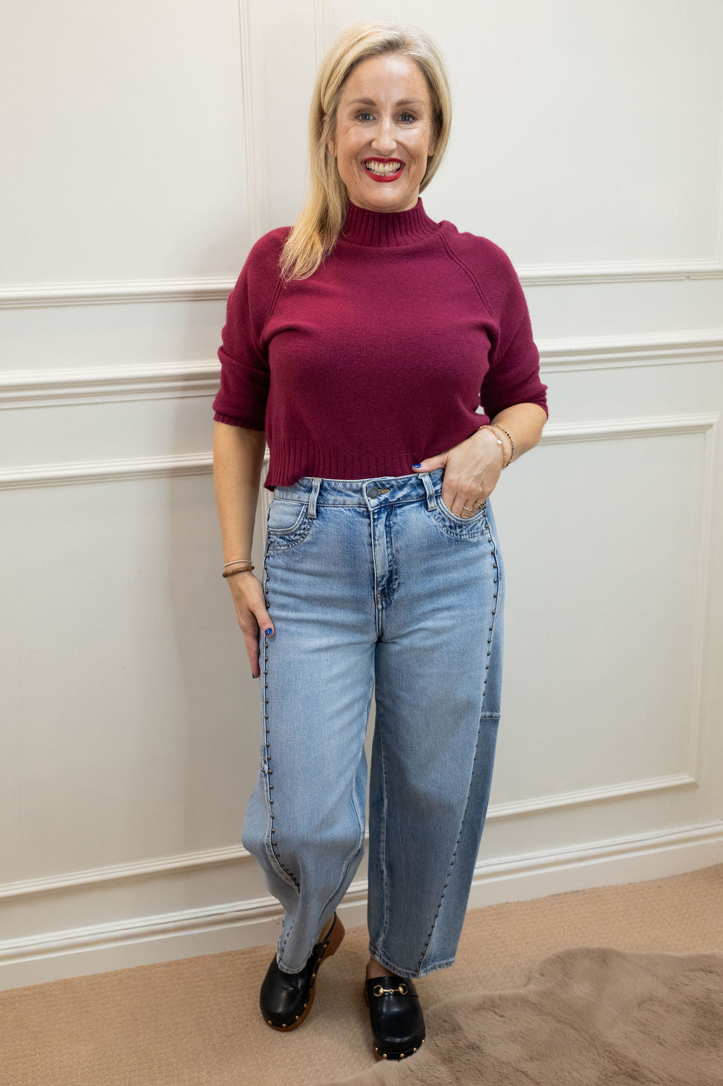 Harta Studded Crop Jeans, Light Blue Wash