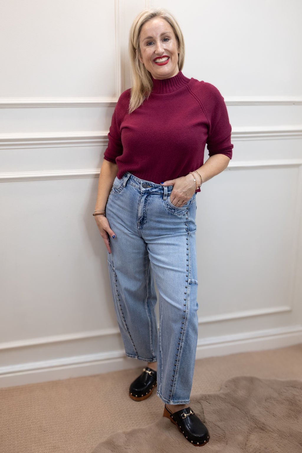 Harta Studded Crop Jeans, Light Blue Wash