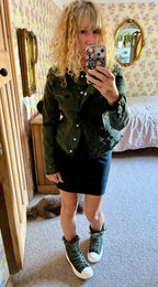 Brunsborough Frayed Edge Jacket in Forest Green styled with a dark knit mini skirt and trainers