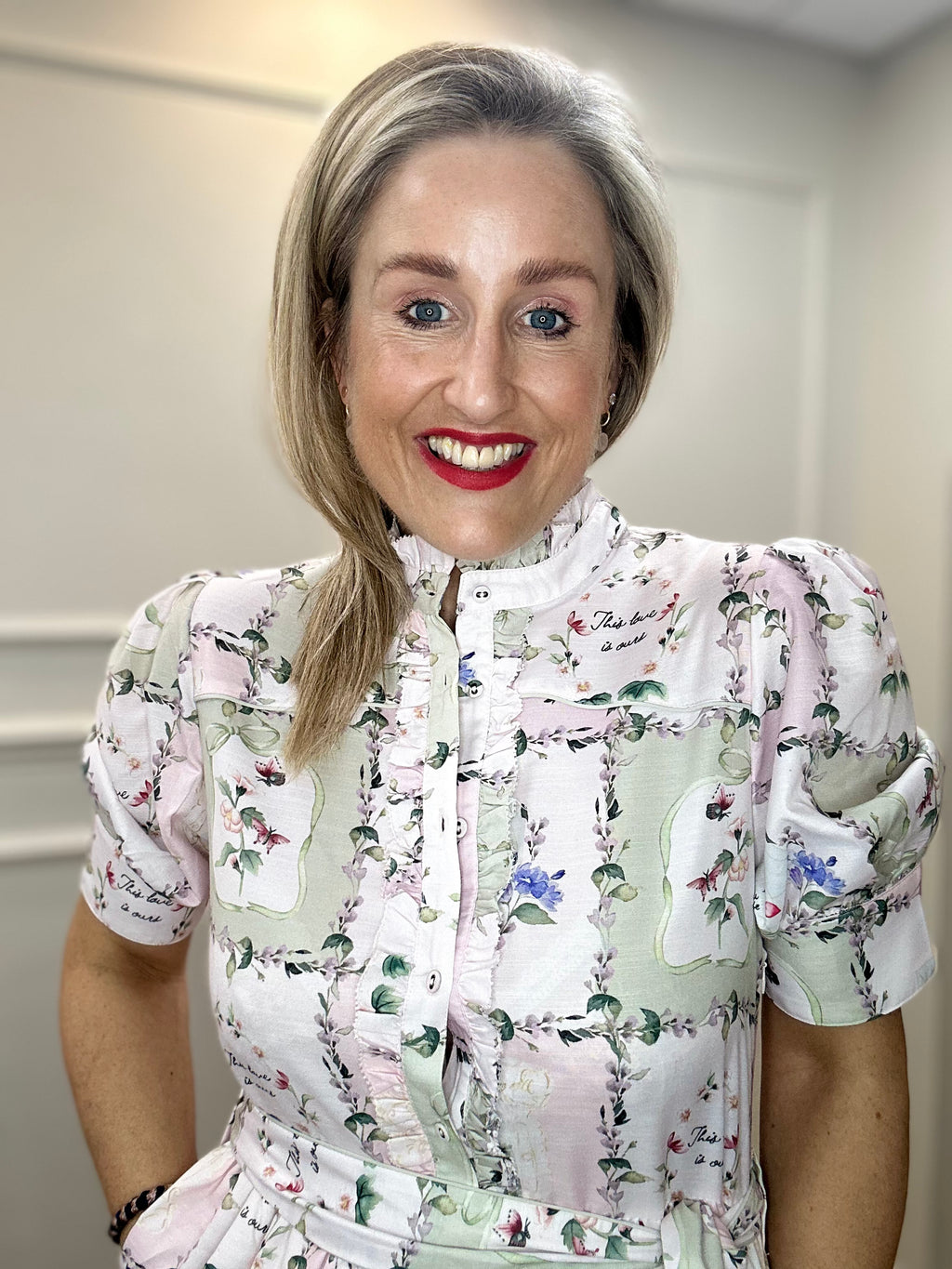 Pamela Button Front Midi Dress with Tiered Skirt and Tie Waist, Pressed Petals