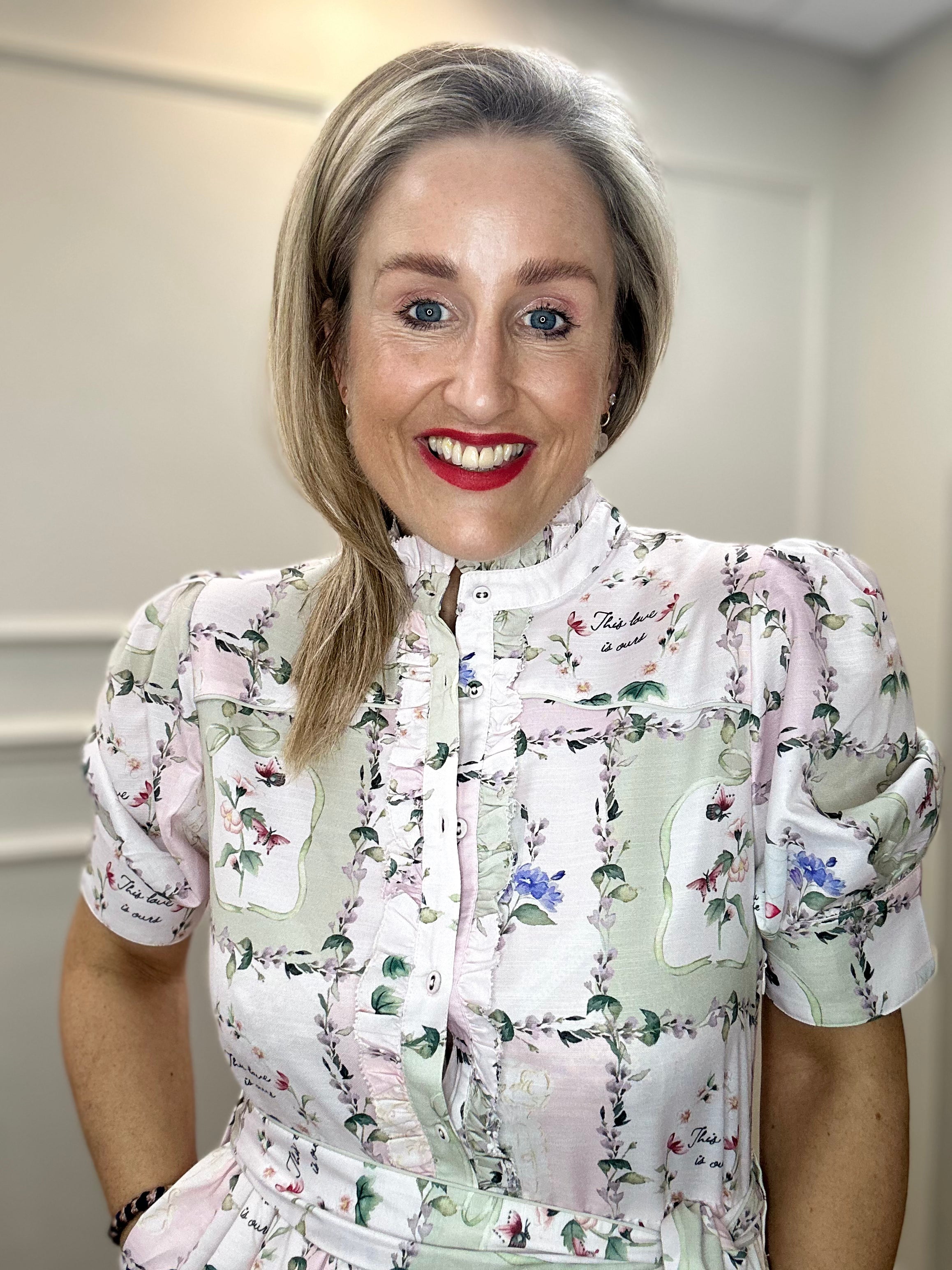 Pamela Button Front Midi Dress with Tiered Skirt and Tie Waist, Pressed Petals