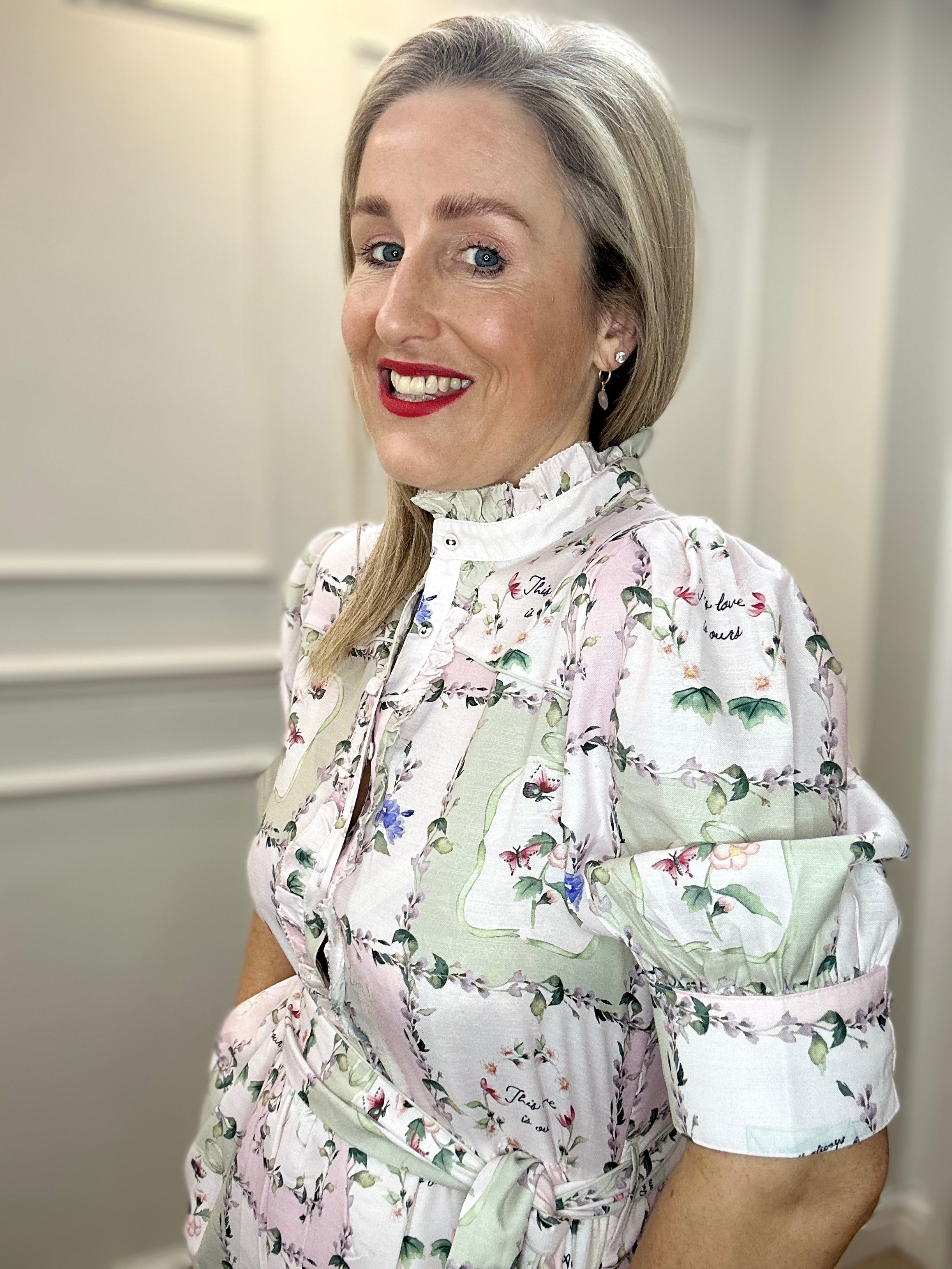 Pamela Button Front Midi Dress with Tiered Skirt and Tie Waist, Pressed Petals