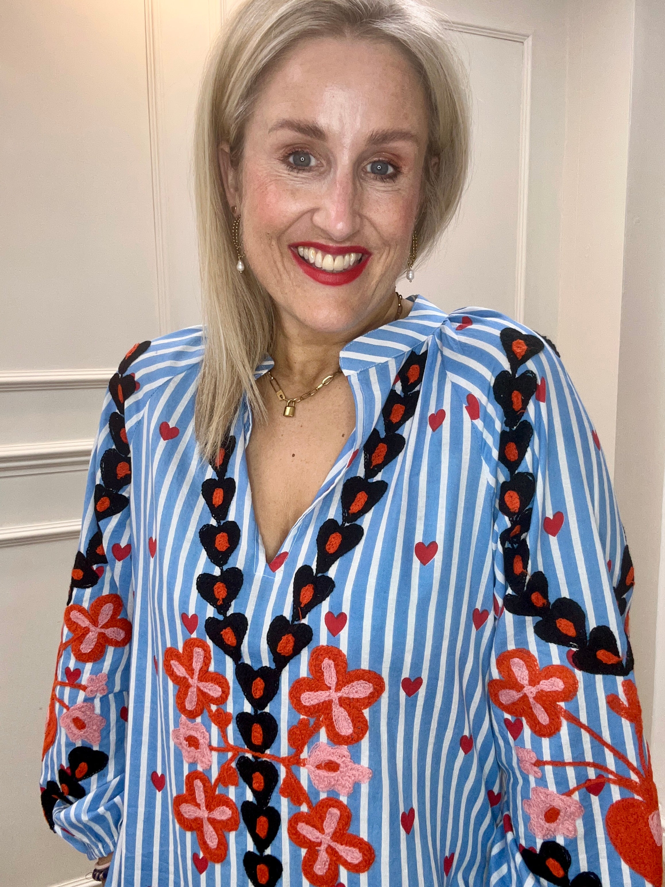 Juli Suzani Embroidered Kaftan Dress, Blue Stripe