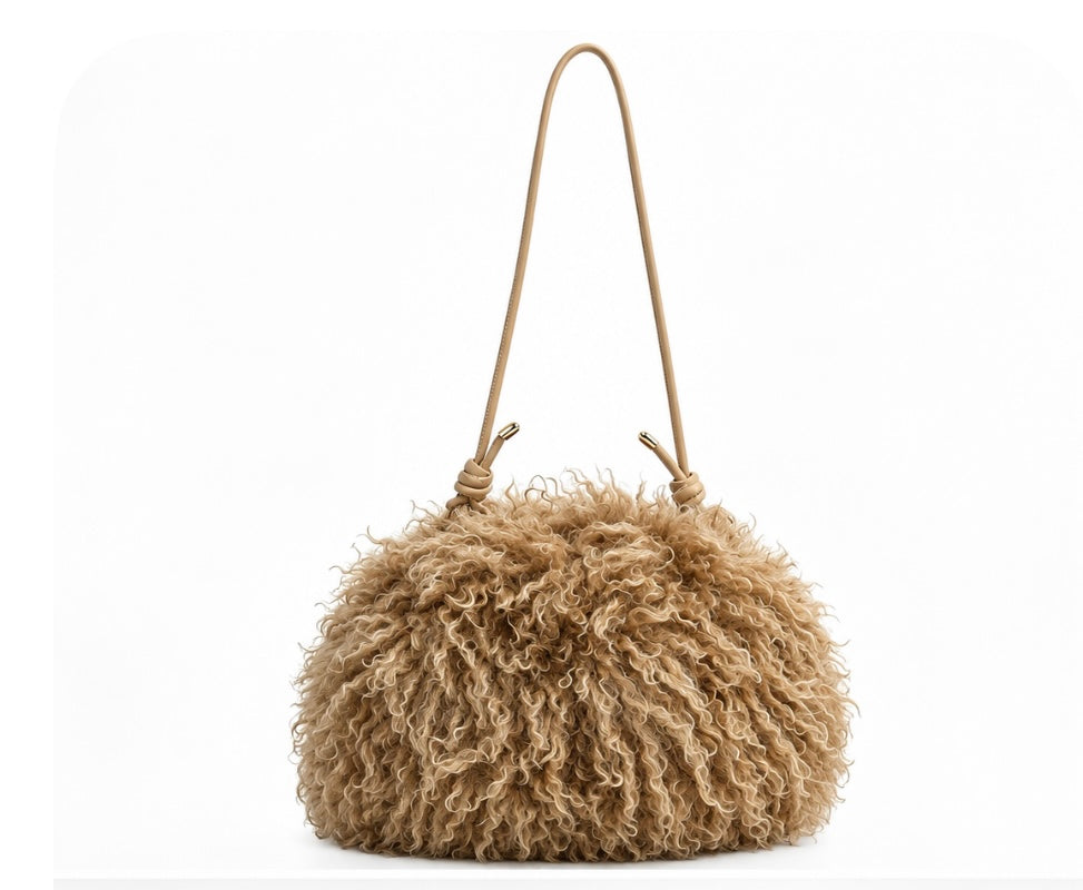 Katy Curly Faux Fur Shoulder Bag, Chestnut Brown