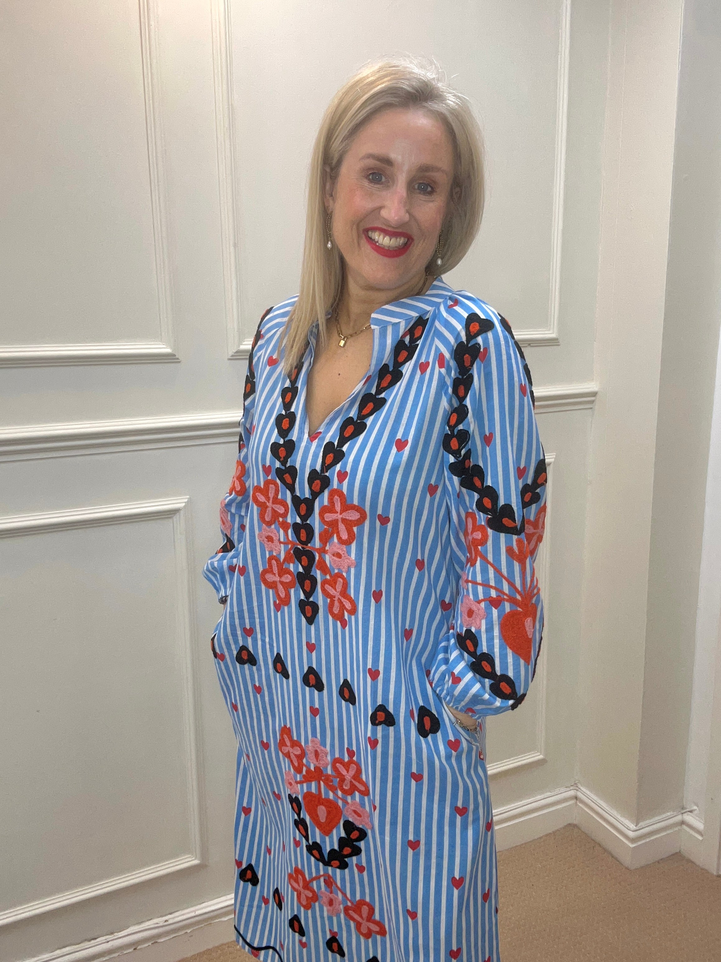 Juli Suzani Embroidered Kaftan Dress, Blue Stripe