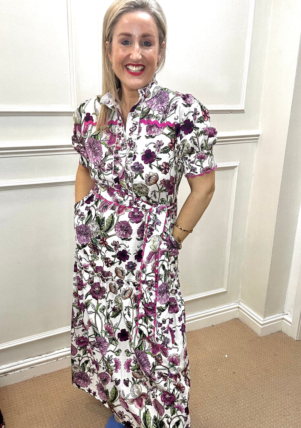 Angela Button-Fronted Midi Dress with Tiered Skirt and Tie Waist, Meadow Bloom