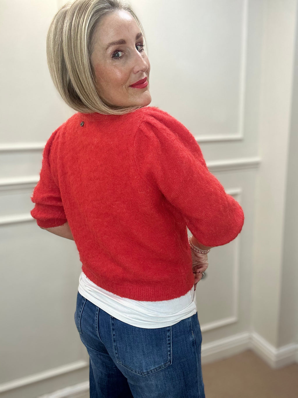 Suri Brushed Short-Sleeved Cardigan, Fiery Red