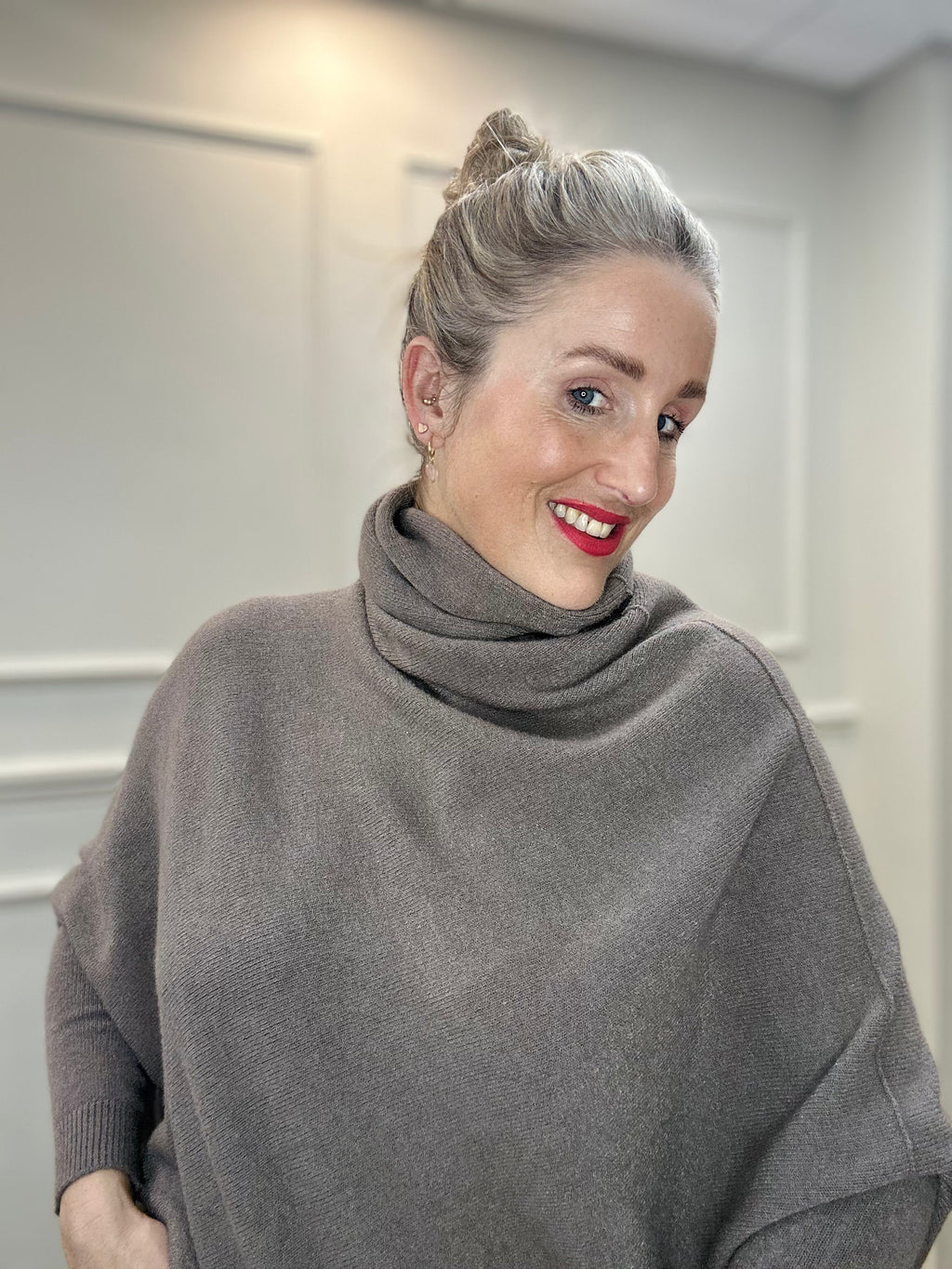 Roll-Neck Asymmetric Knit, Mushroom