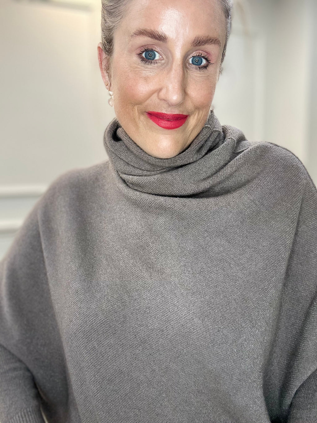 Roll-Neck Asymmetric Knit, Mushroom